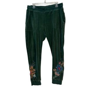 Johnny Was JW Los Angeles Pants Green Velvet Velour Floral Embroidered Joggers L